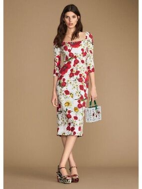 Dolce & Gabbana Open-Neck Poppy & Daisy Cady Sheath Dress